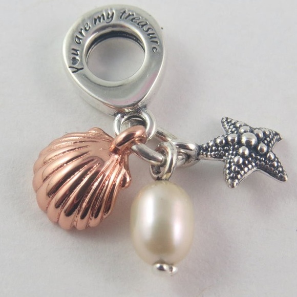 Pandora freshwater cultured pearl, starfish and rose gold shell, dangle charm. - Picture 3 of 8